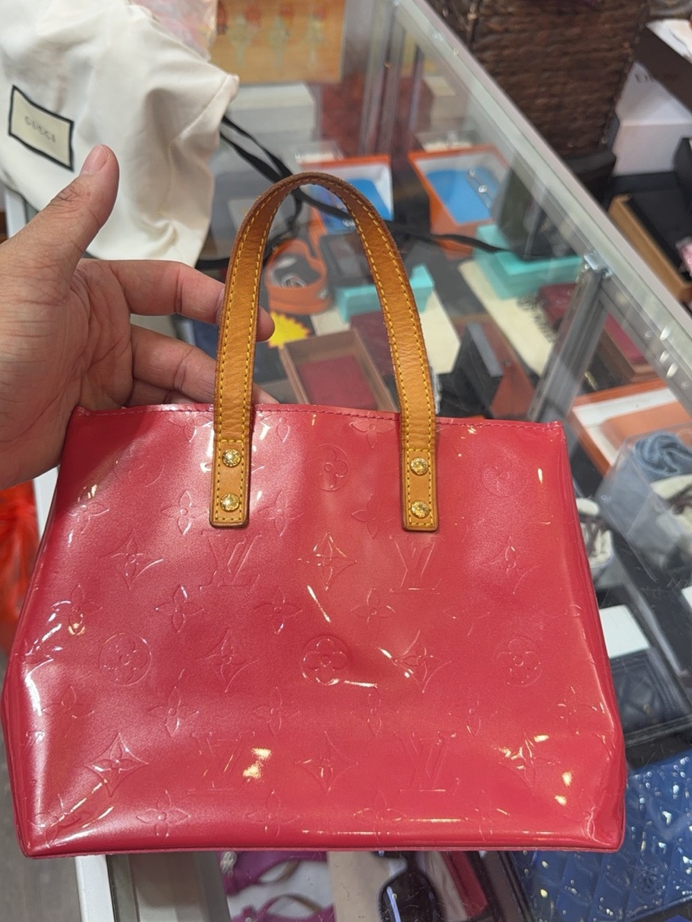 Louis Vuitton Pink Vernis Mini Tote with Tan Handles